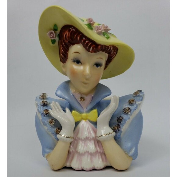 Lady Head Vase Red Hair Blue Eyes Reliable Glassware & Pottery Japan Ceramic 50s - Picture 11 of 11